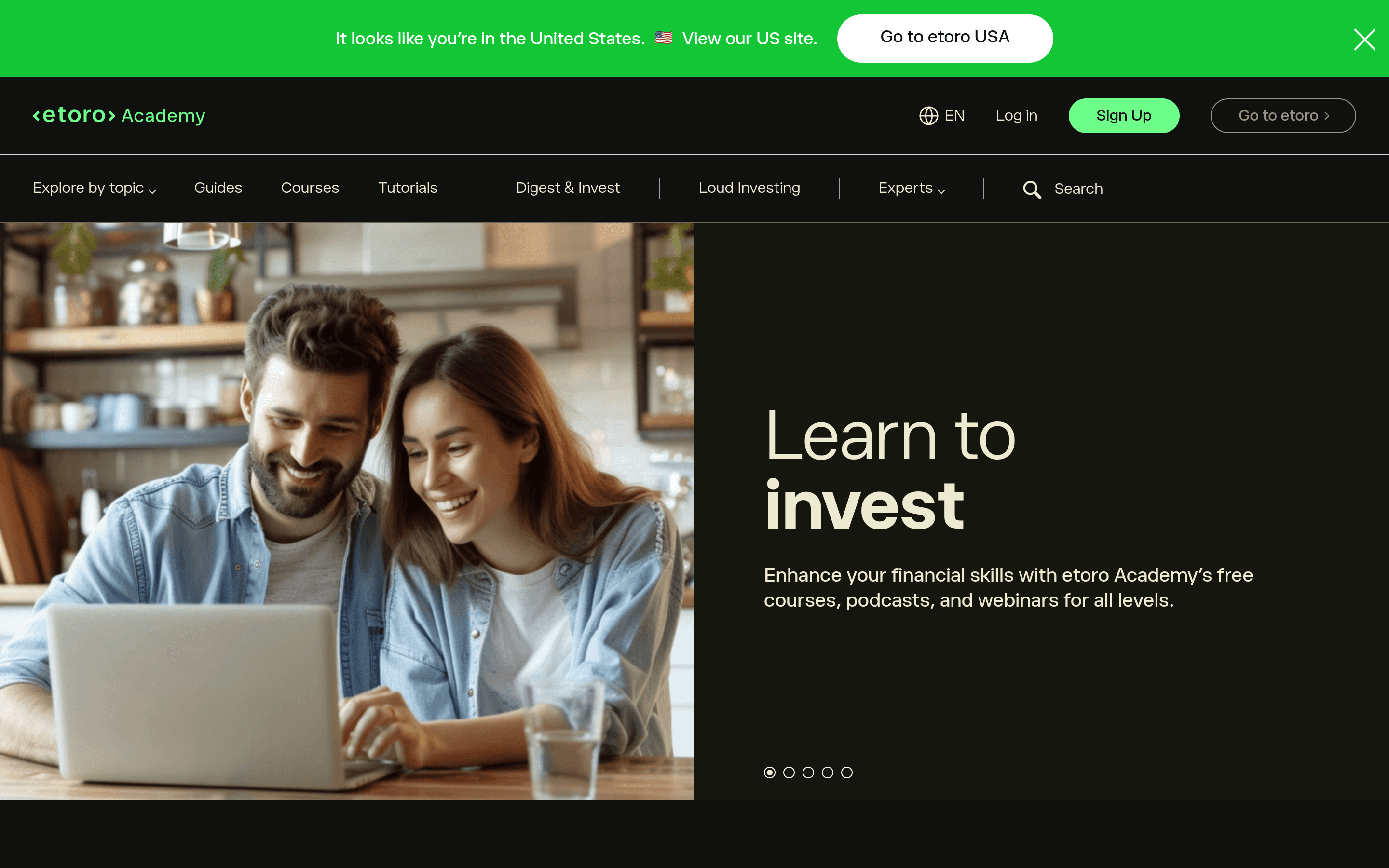eToro Academy landing page headed 'Learn to invest' with free courses, podcasts and webinars