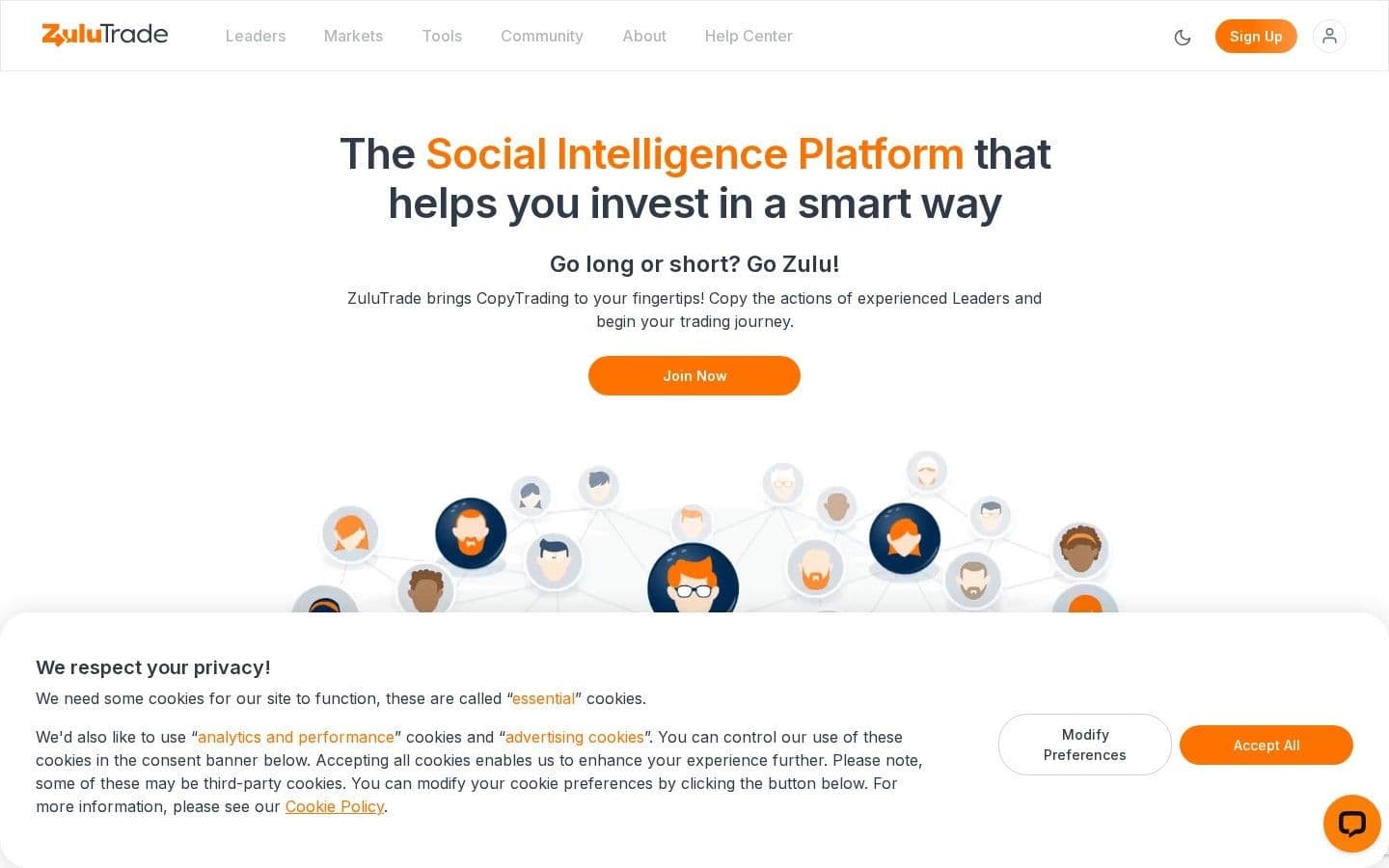 ZuluTrade homepage headlined 'The Social Intelligence Platform that helps you invest in a smart way'