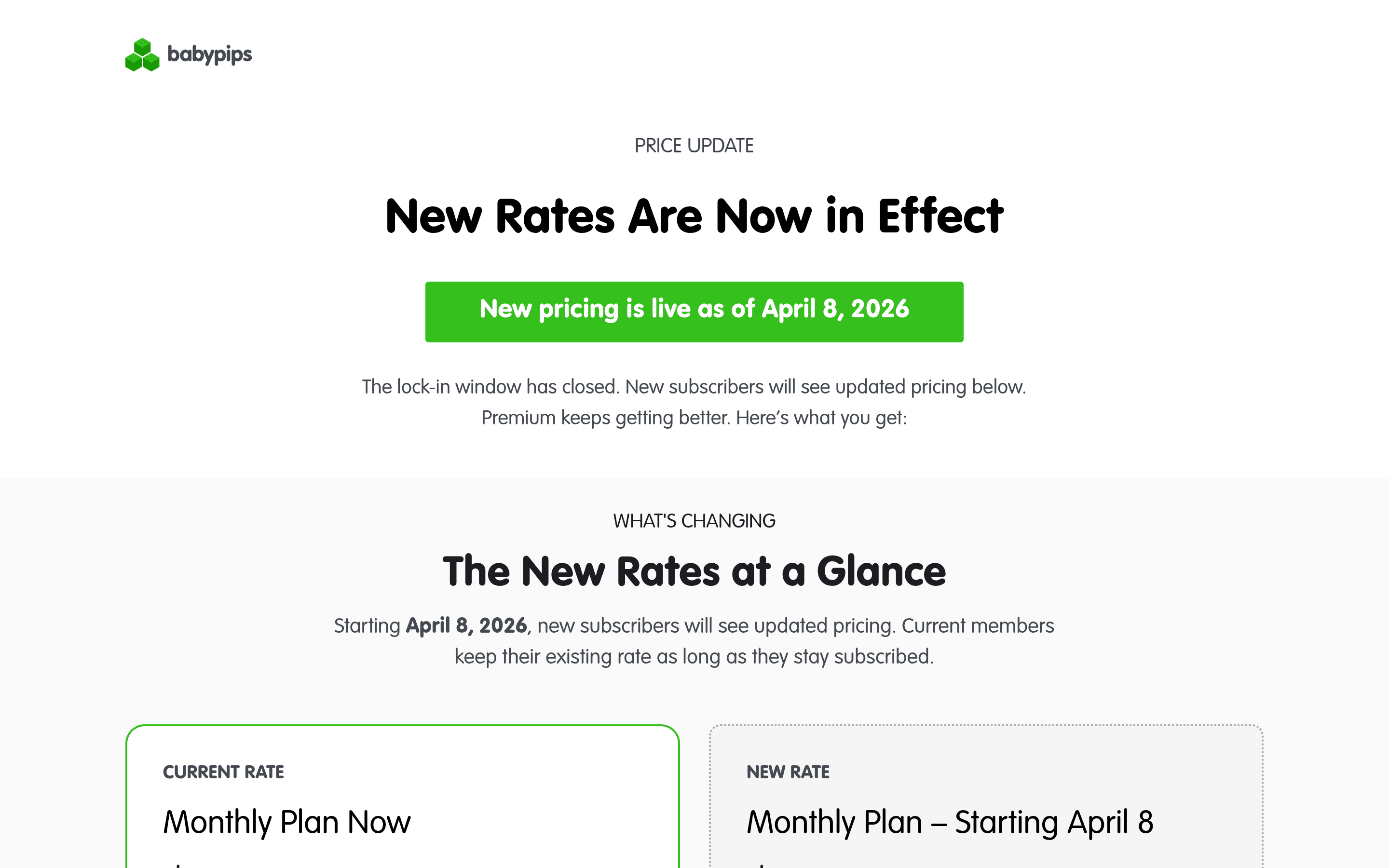 BabyPips price update page announcing that new pricing is live as of 8 April 2026