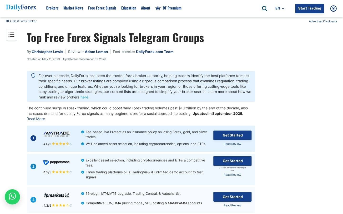 DailyForex page headed 'Top Free Forex Signals Telegram Groups' with broker listings