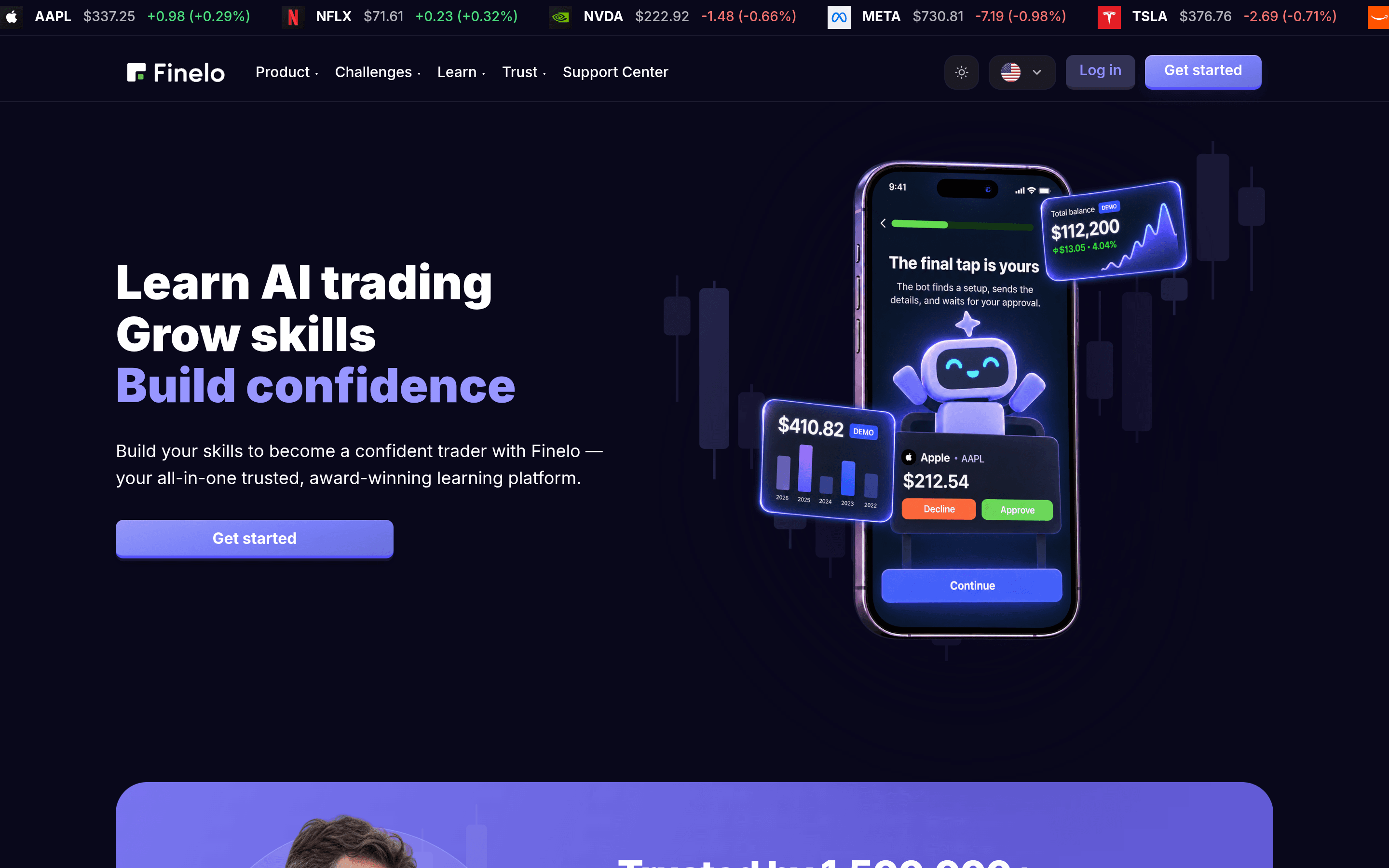 Finelo homepage advertising AI trading lessons with a phone showing a trading simulator