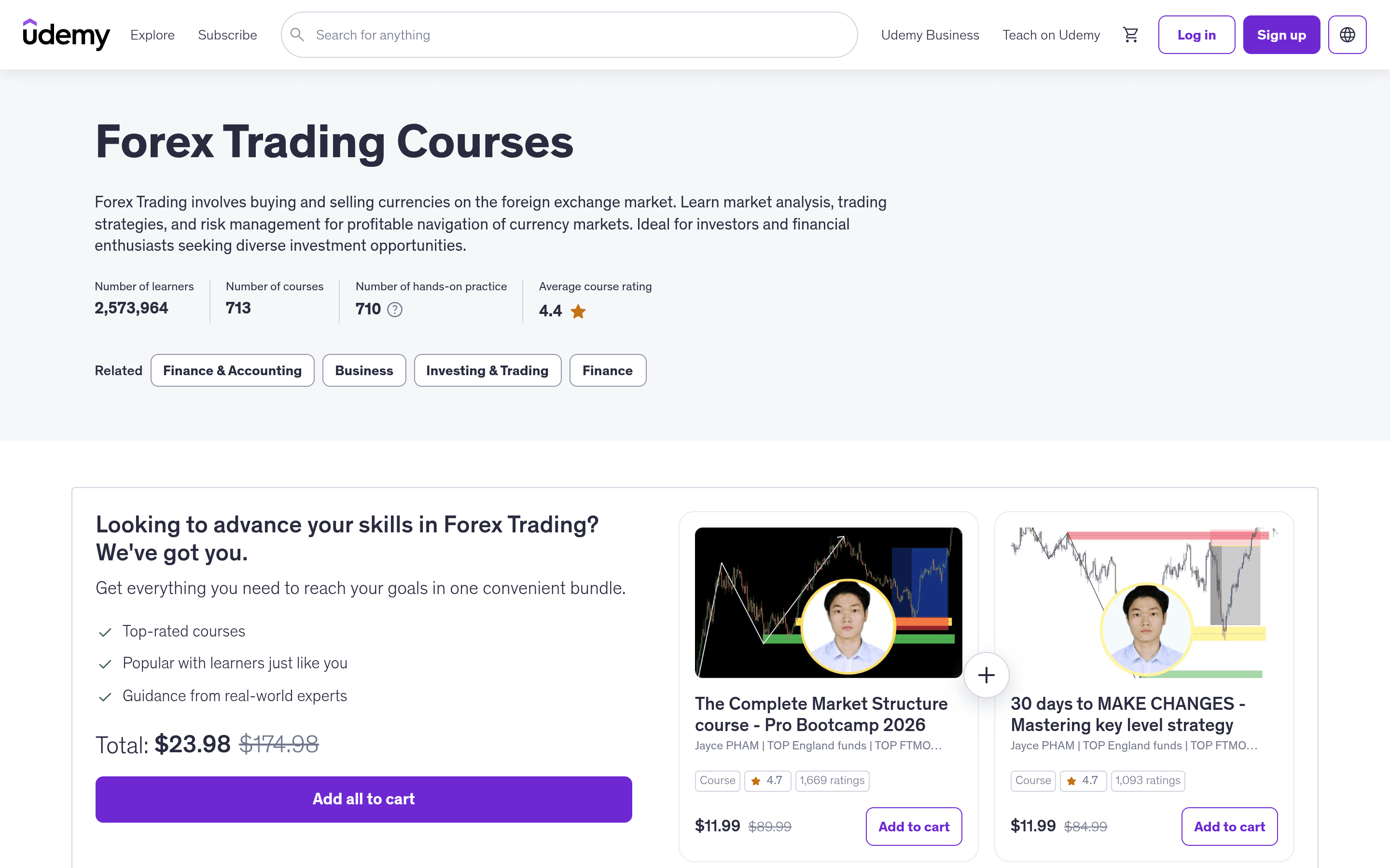 Udemy forex trading courses topic page showing 713 courses and an average rating of 4.4