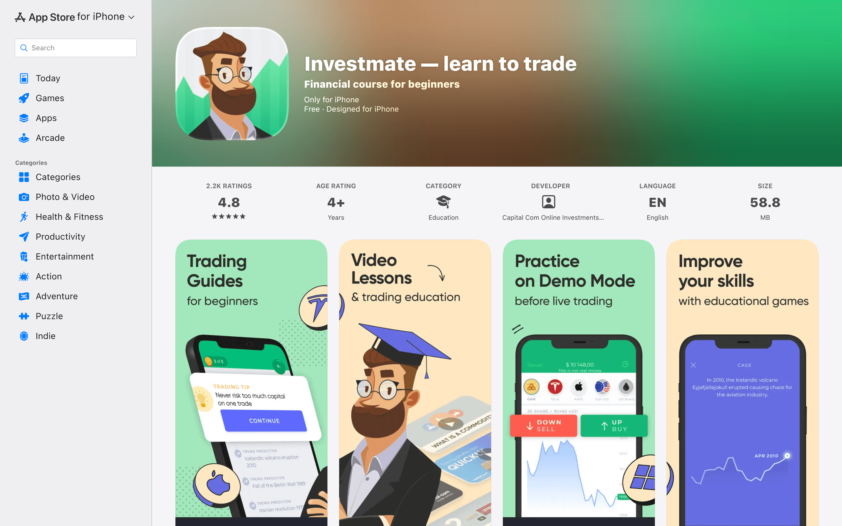 Investmate app listing on the App Store showing trading guides, video lessons and demo practice screens